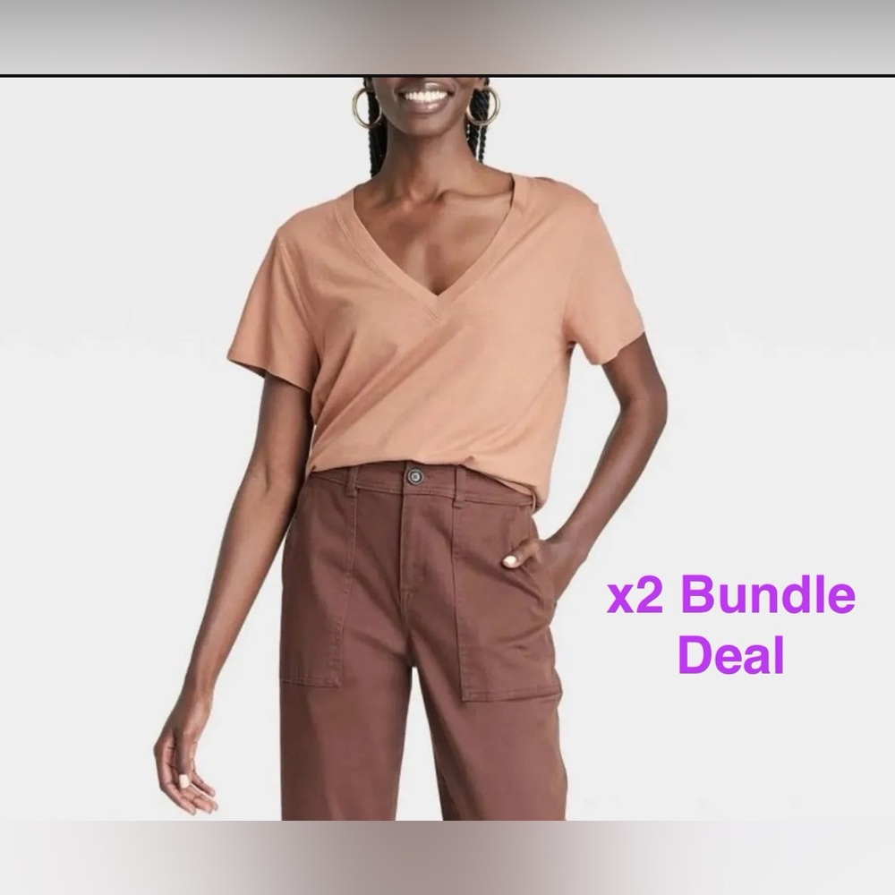 A New Day Short Sleeve V-Neck T-Shirt Bundle(x2) Women’s Size Large Beige NEW